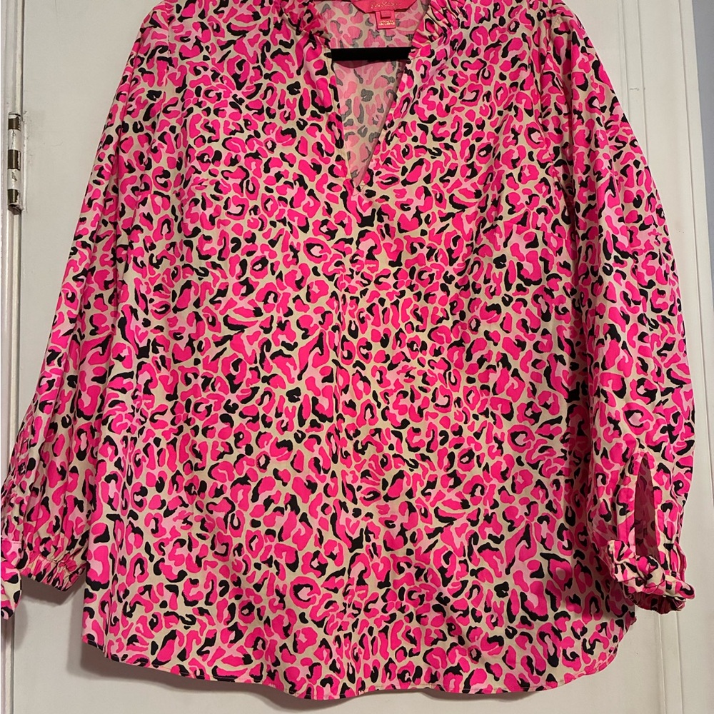 Lilly Pulitzer Pink and Black Leopard Print V-Neck Blouse